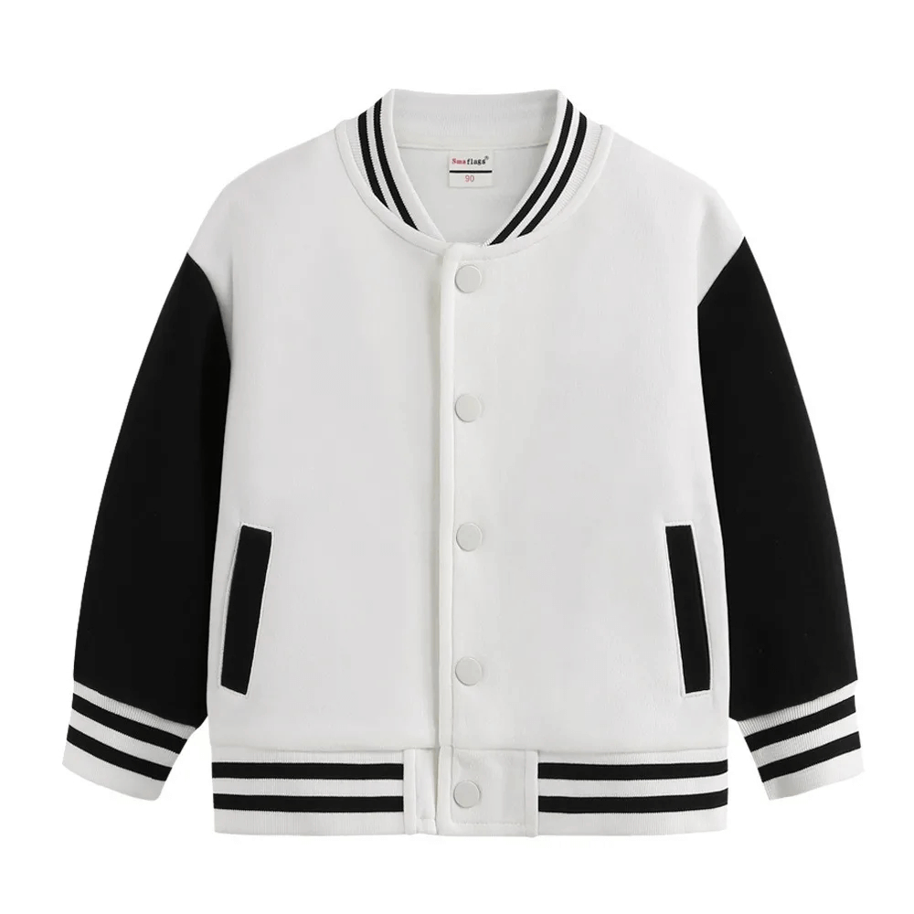 Loose Kids Baseball Jacket with Snap Buttons in black and white, cotton varsity style for girls and boys, perfect for casual wear.